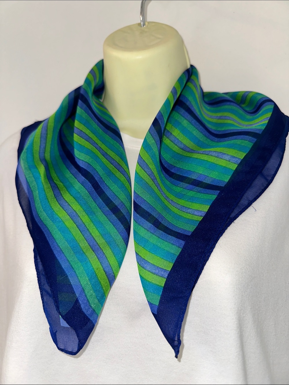 Vintage Basha Scarves Striped Blue & Green Square Polyester Scarf‎